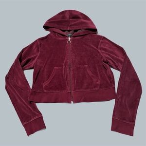 Ambiance Y2K 2000s Cropped Velvet Burgundy Hoodie maroon small zip up